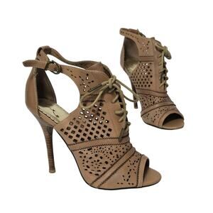 Naughty Monkey Heaven On Earth Tan Lace Lasercut Peep Toe Heels 8